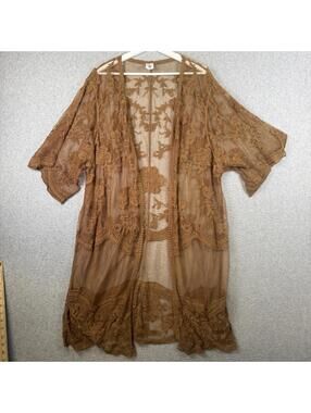 Women's Size Large/ XL Brown Cotton Nylon Lace Sheer Cardigan Sweater